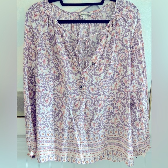 LUCKY BRAND Boho Purple Orange Printed Two Button Tie Neck Peasant Blouse Size - Picture 1 of 7